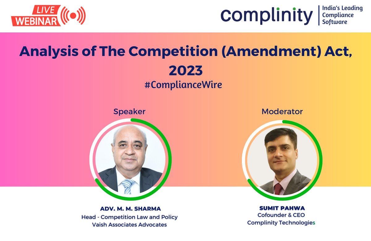 Attend our webinar on the topic 'Analysis of the Competition Law (Amendment) Act, 2023'

Friday, Apr 21, 2023
12 pm – 1:30 pm

Register now: bit.ly/3GE30gv

#webinar #competition #competitionlaw #competitionact #compliance #regtech #law