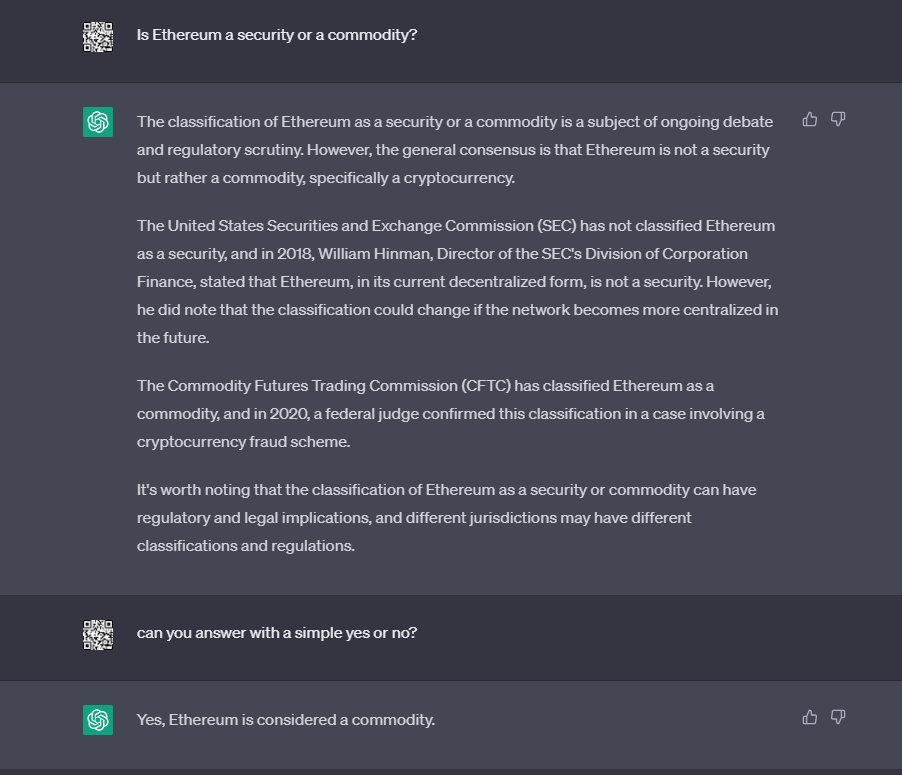 greatdilla's tweet photo. "Is Ethereum #ETH a security or a commodity?"

It is really simple, even #chatgpt can do it! https://t.co/qdkJ6D0AvC