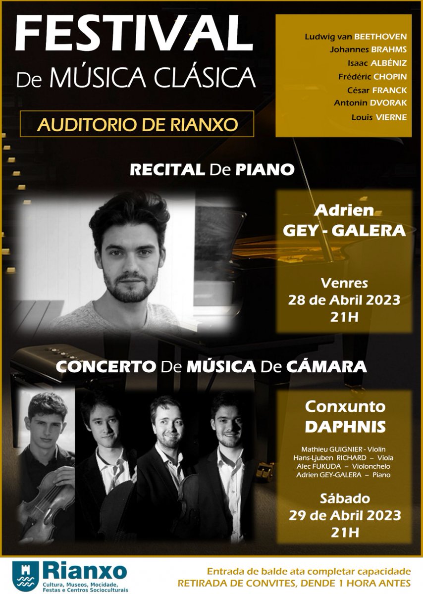 O vindeiro 28 e 29 de abril terá lugar en Rianxo un festival de música clásica na Sala Arcos Moldes do Auditorio de Rianxo con dous días de concertos con recoñecidos músicos do panorama galego e internacional.