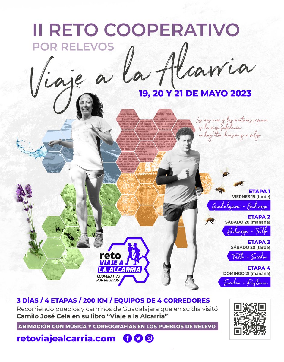retoviajealcarr's tweet photo. 🤩 Os presentamos el CARTEL del II Reto Cooperativo por relevos “Viaje a la Alcarria”. Diseñado por nuestras compañeras @bgarcesm y Nora, representa elementos de nuestro RETO: el AGUA, la NATURALEZA, los PUEBLOS, la MIEL y la LITERATURA.
🏃‍♀️🏃Y, por supuesto, los CORREDORES. https://t.co/E3sJENYs4y