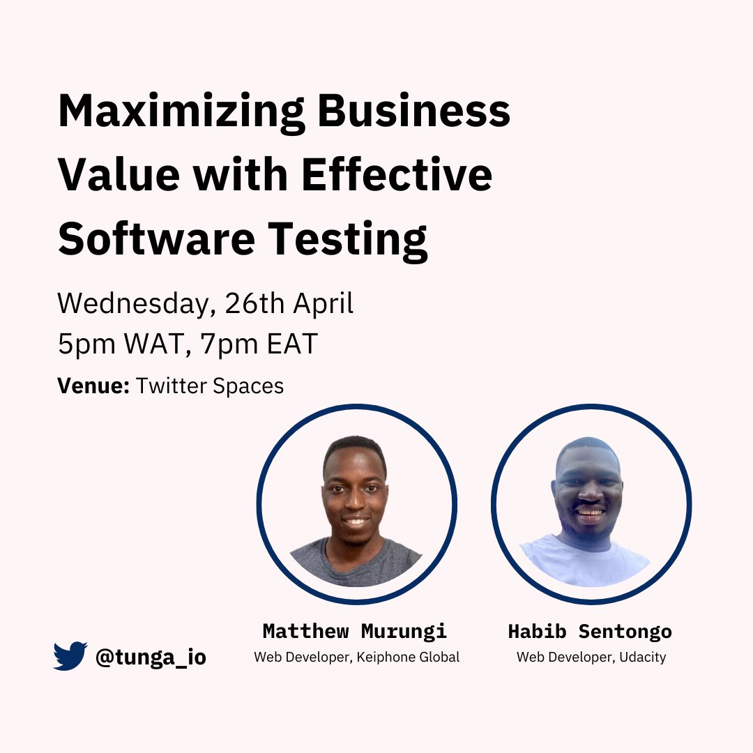 tunga_io's tweet photo. Join us for a Twitter Space conversation on how to maximize business value with effective #SoftwareTesting featuring @IsaacMurungima & @habibsentongo
Time: 5pm WAT (7pm EAT)
Date: Wednesday, 26th April, 2023
Set a reminder here: https://t.co/rHLGERKyC3
#TungaDevHour #JoinTunga https://t.co/Me41U8WPtg