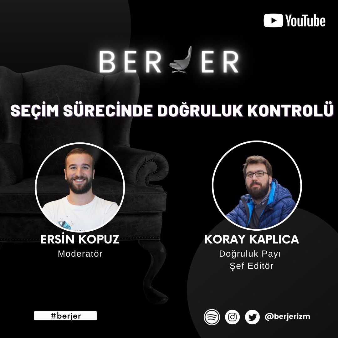 berjerizm's tweet photo. 🛋 #Berjer 

📢 Seçim Sürecinde Doğruluk Kontrolü

Ersin Kopuz (@ersinkopuz ) moderatörlüğünde Doğruluk Payı (@dogrulukpayicom ) Şef Editörü Koray Kaplıca’nın (@kkaplica ) konuk olduğu Berjer’de seçim sürecinde doğruluk kontrolünü ele aldık. 

📺 https://t.co/7fm4K2KR2p https://t.co/KPl6HRjin9