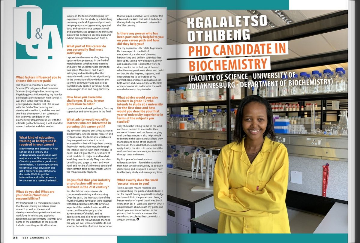 FT_ResearchUJ's tweet photo. Exciting news !!!!
Our newest PhD candidate @KgalaletsoO is featured in ISET Careers SA Gauteng 2023 digital publication. Read her Q&amp;A here at pg26  https://t.co/Mhh7bDLLCx
 Congratulations @KgalaletsoO!

@go2uj @fideletu @EMN_MetSoc @jjjvanderhooft #FemalesinScience https://t.co/4YZbC1JyZf