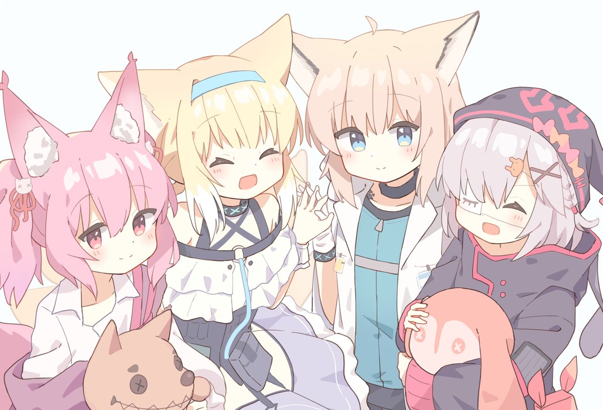 suzuran (arknights) multiple girls animal ears fox ears pink hair tail fox tail stuffed toy  illustration images