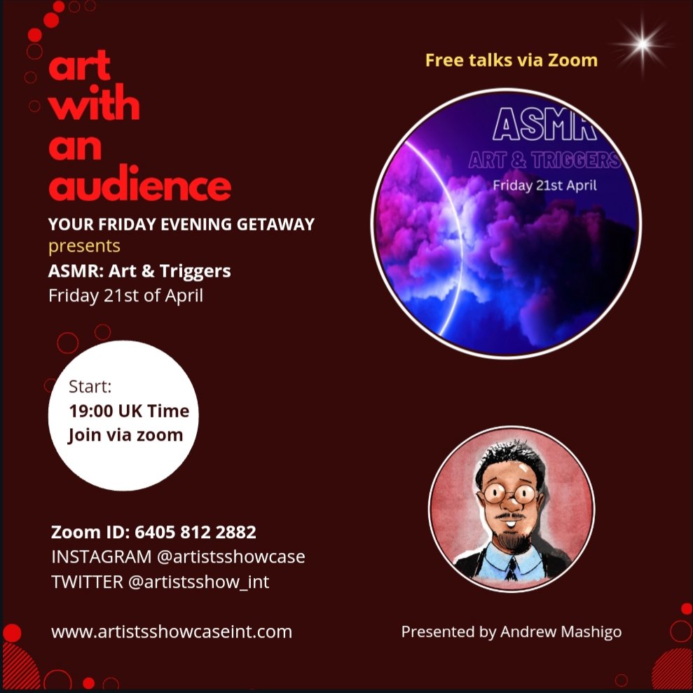 ArtistsShow_Int's tweet image. ASMR: Art &amp;amp; Triggers
Fri 21 April
ASMR (autonomous sensory meridian response) was coined 2010 to describe pleasurable, tingly sensation felt across a person’s scalp, neck &amp;amp; back activated by certain sights &amp;amp; sounds—whispered voices, mixing of paint etc
#ArtNetworking #FreeTalks