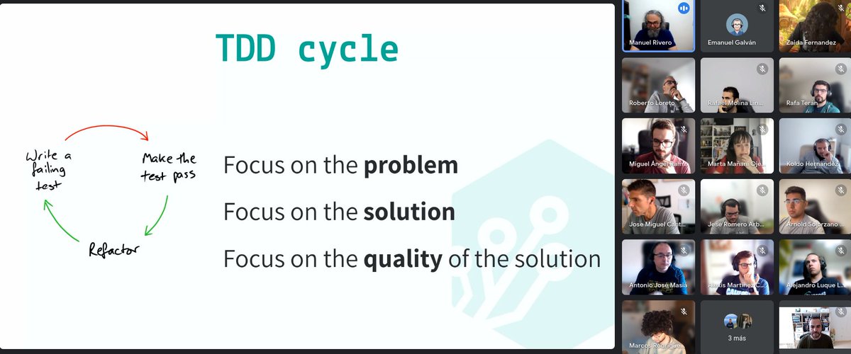 Estamos disfrutando del tercer día del curso Test Driven Development con los compañeros de <a href="/genially_es/">Genially (Español)</a> . Muchas gracias! #tdd #CodeSmells