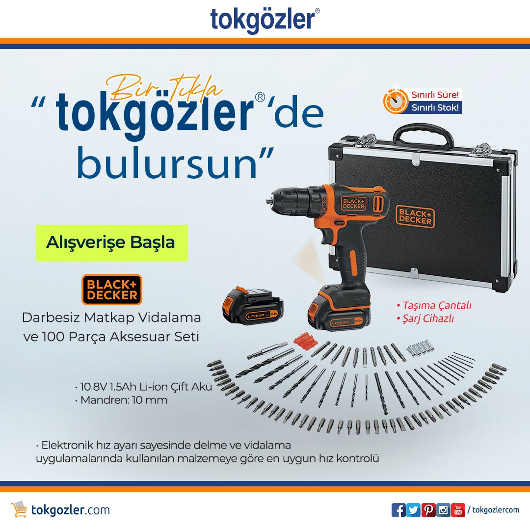 tokgozlercom's tweet image. Black+Decker BDCDD12BAFC-QW 10.8V 1.5Ah Li-ion Çift Akülü Darbesiz Matkap Vidalama ve 100 Parça Aksesuar Seti - Taşıma Çantalı
Bir Tıkla "tokgözler'de bulursun"
► bit.ly/blackdecker-ma…
#tokgozlercom #BlackDecker #BlackAndDecker  #ElektrikliElAletleri #ElAletleri #YapıMarket