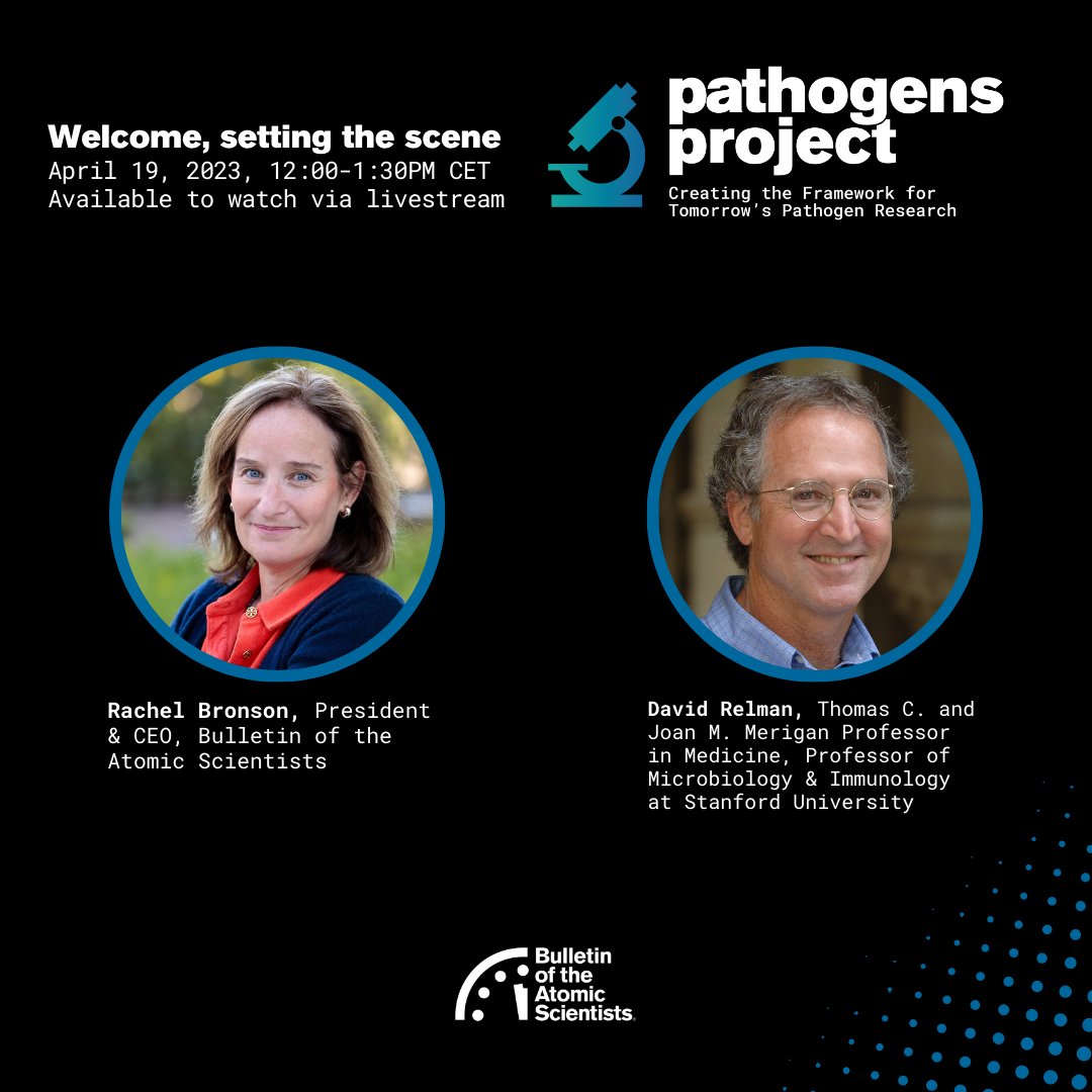BulletinAtomic's tweet photo. The #PathogensProject conference is about to begin!
Tune into the welcome address by Bulletin President @RachelBronson1 and Science and Security Board member David Relman via the livestream: https://t.co/fsvPLmjkZL https://t.co/nccbMGCr8e