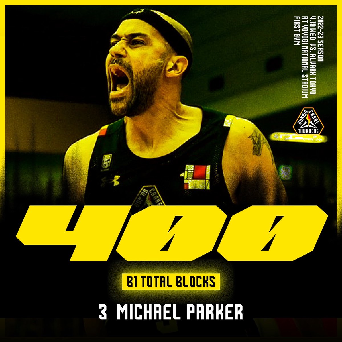 ＼記録達成🎉／

本日、4/19(水)#アルバルク東京 戦にて、3 #マイケル・パーカー 選手が【B1個人通算 400ブロックショット】を達成しました🏀

史上！2人目の達成となります🥇

#群馬クレインサンダーズ #ONE #Bリーグ