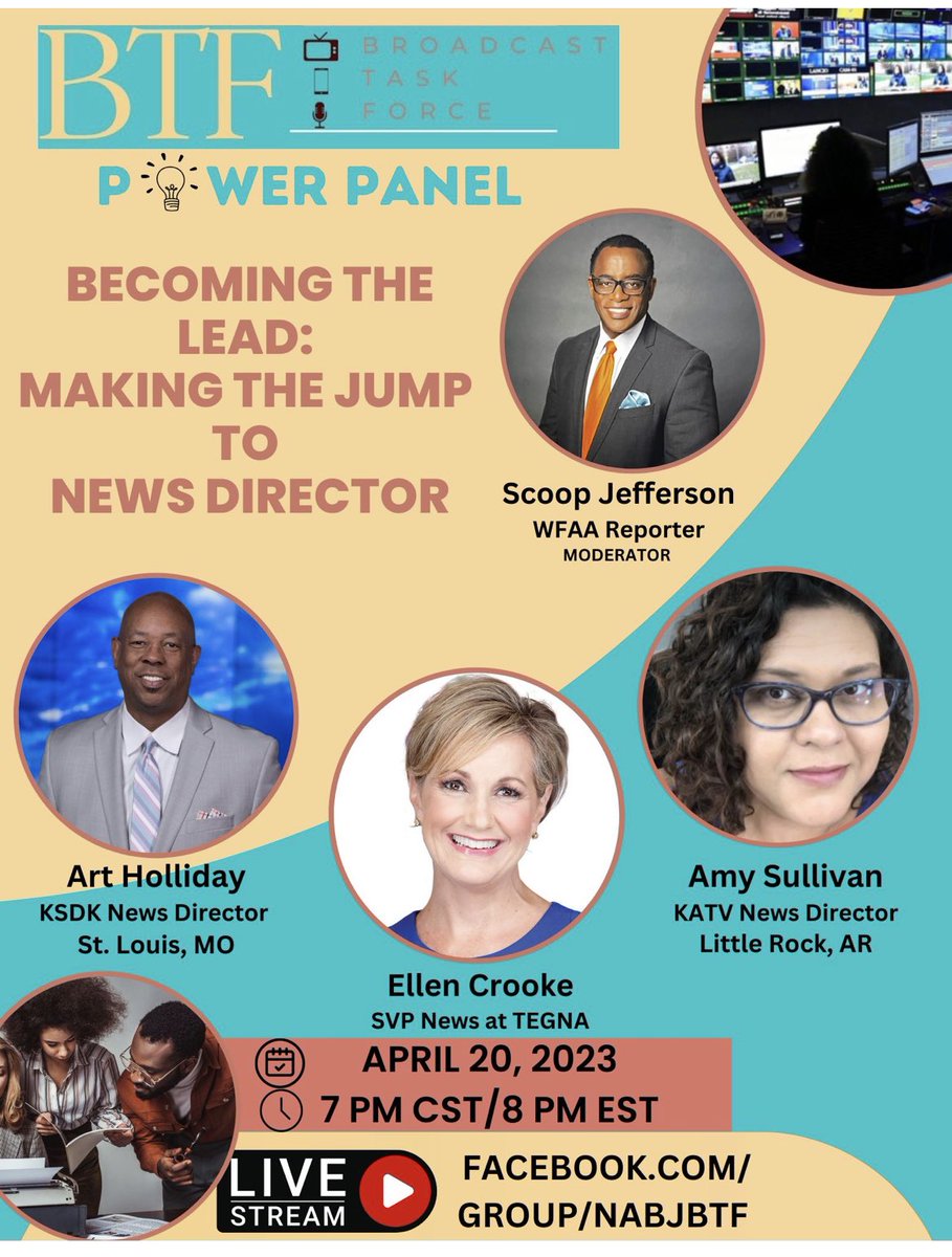 AmyAhnSully's tweet photo. Journalists! If you’re even a tiny bit interested in being a News Director, join us on Thursday! @NABJBroadcastTF @scoopjefferson @HollidayKSDK @ellencrooke https://t.co/q95E5MMqnq