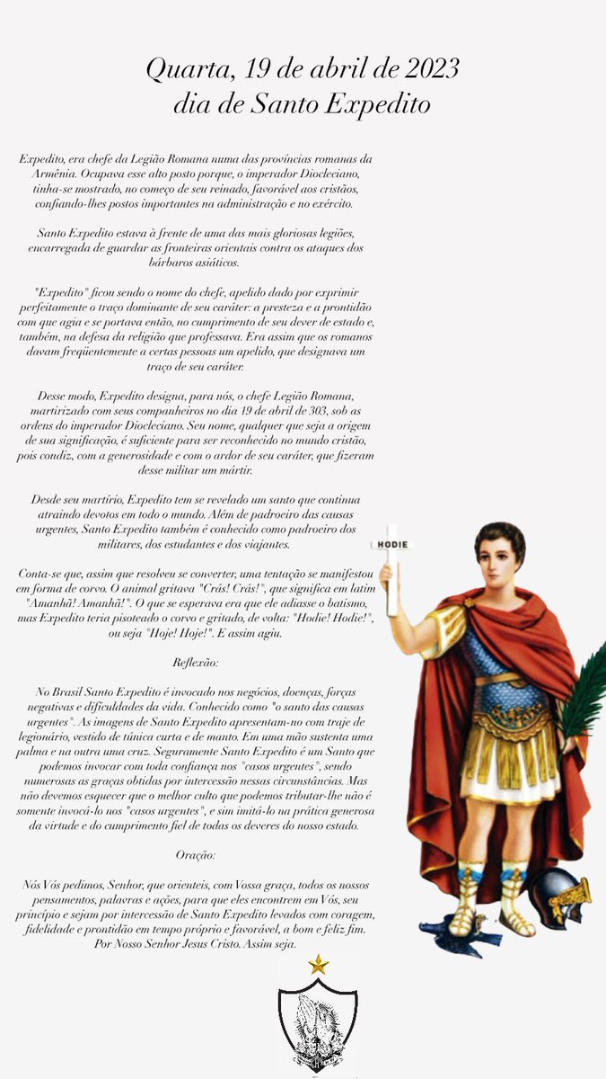 AtleticanosDeFe's tweet photo. Santo Expedito
Quarta, 19 de abril de 2023

Expedito, era chefe da Legião Romana numa das províncias romanas da Armênia…

#AtleticanosDeFé https://t.co/4Xoat3ulAT