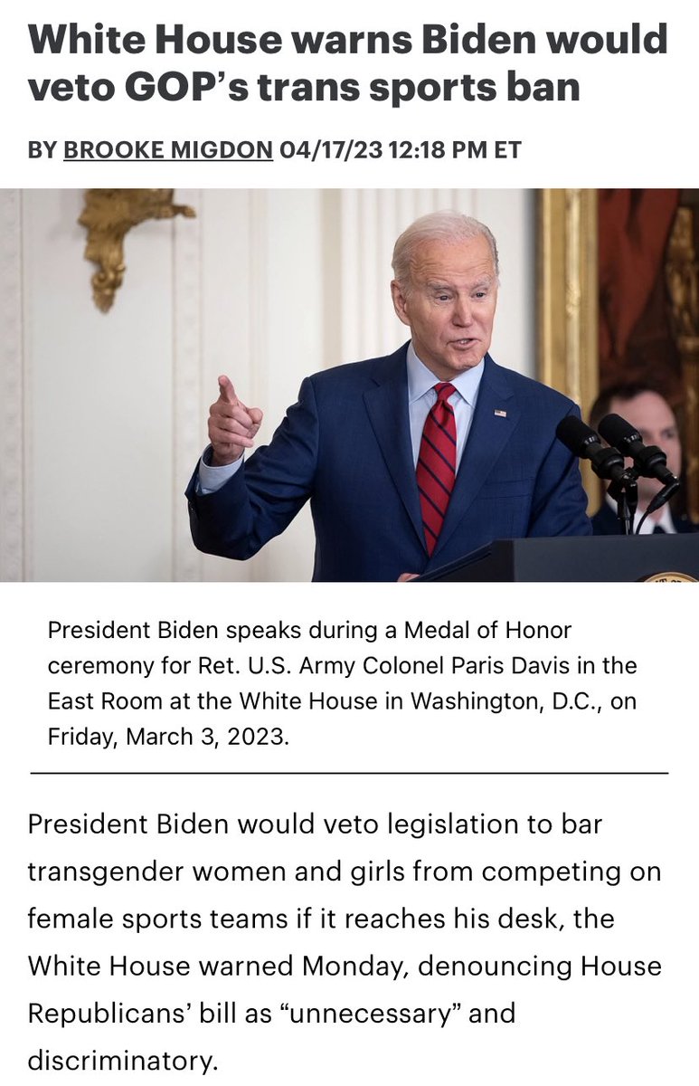 595sparky's tweet photo. Biden says he will veto any bill that comes to his desk that blocks transgender men from playing in women’s sports. 

How on earth does any woman support this man!?!

Seriously! Is there any woman out there that has the courage to say you support Biden on this?

 #morningjoe https://t.co/271ay1QPEu