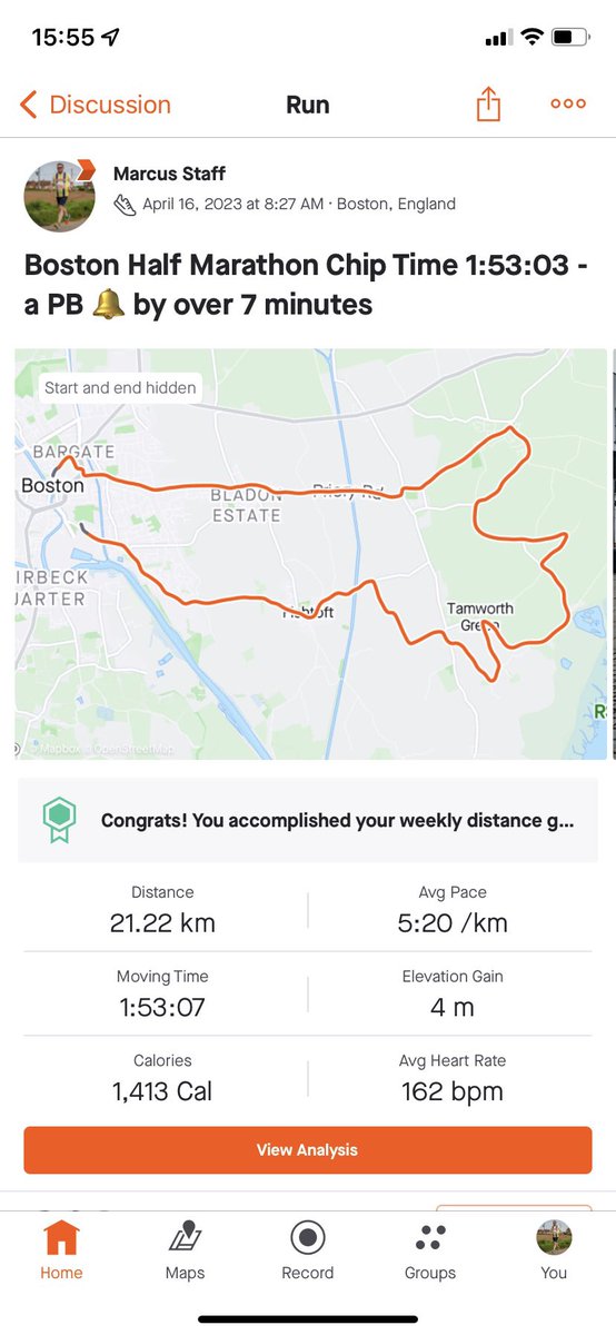 MarcusStaff's tweet photo. Is it too late to mention a PB @RunComPod Boston Uk Half Marathon 1:53:03 - PB by 7 minutes #runcompod #yourweekendruns https://t.co/YBE1NlMHax