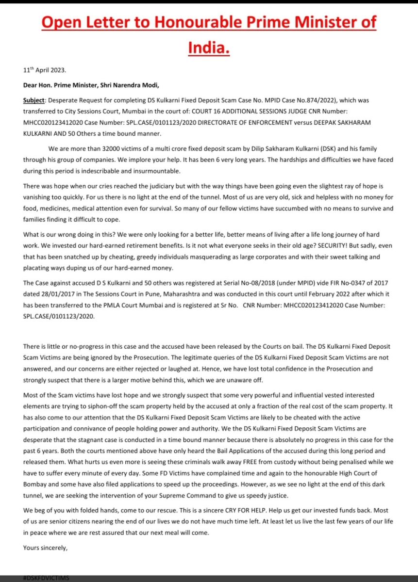 kinsunshinegirl's tweet photo. Thousands of investors, mostly self respecting Sr. Citizens are living hand to mouth because of this scam any no one cares. #DSKFDVICTIMS #CRYFORHELP #openletter https://t.co/BxRDp19Cq8