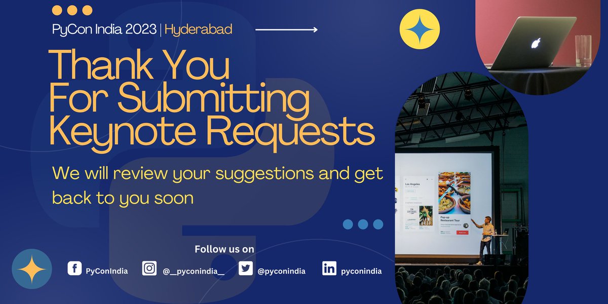 pyconindia's tweet photo. Thank you to everyone who suggested prospective keynote speakers for #PyConIndia2023! Your ideas and suggestions are greatly appreciated and will help build an incredible conference. We will review your suggestions and get back to you soon.
#PyConIndia #Hyderabad #Python https://t.co/ZA7YVsYc3J