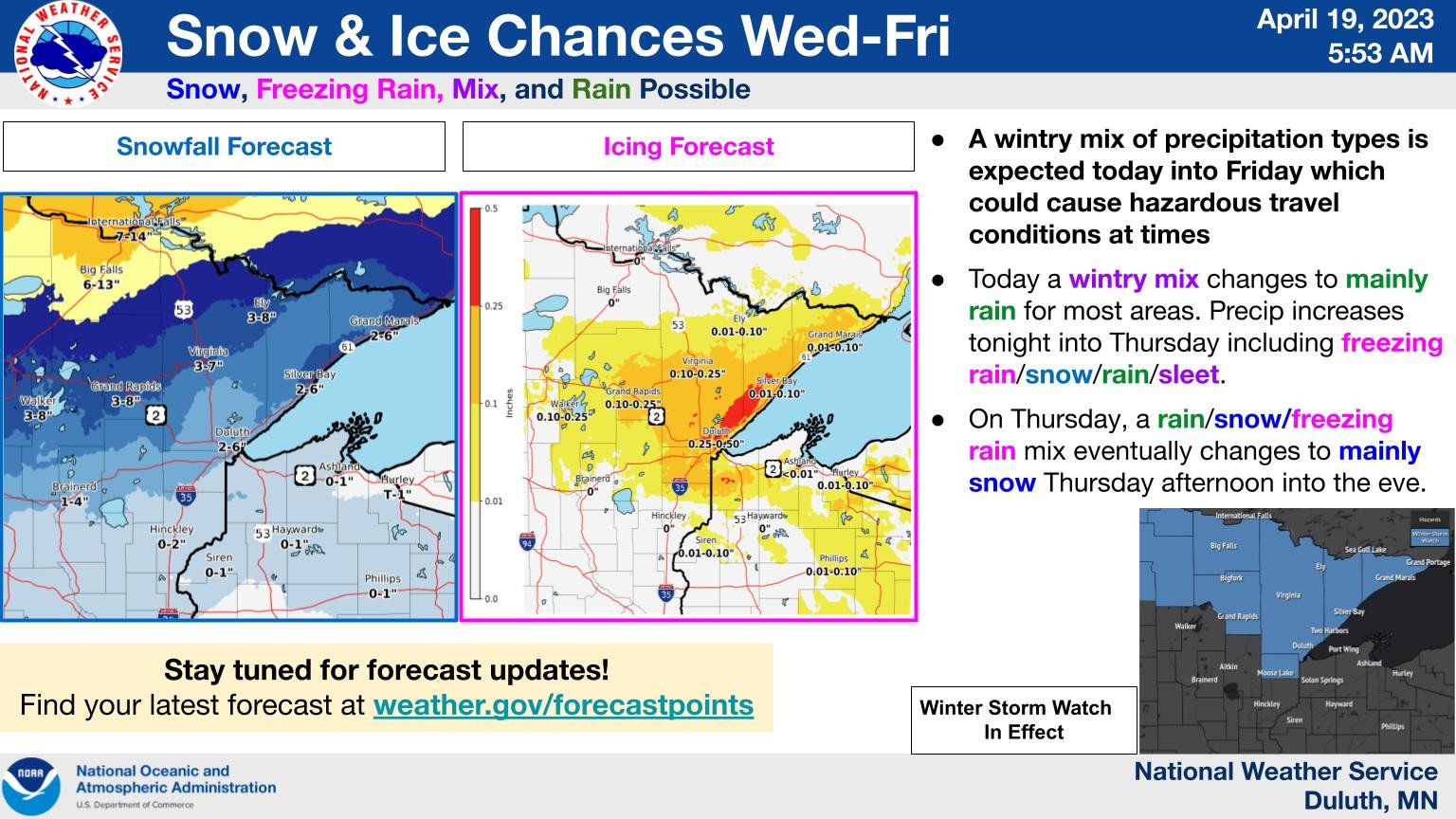 The image includes a map of expected snowfall Wednesday through Friday and the ice accumulation expected today through Thursday. It also includes the description: A wintry mix of precipitation types is expected, which could cause hazardous travel conditions at times. 