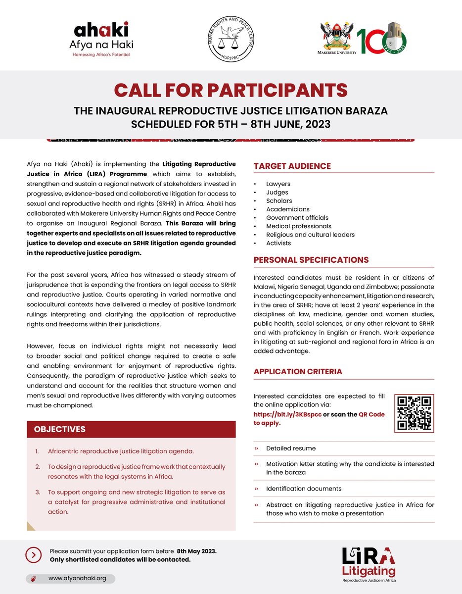 afyanahakiug's tweet photo. Are you a resident/citizen of Malawi, Nigeria, Senegal, Uganda, or Zimbabwe &amp; you are passionate about litigation, capacity enhancement &amp; research in the SRHR arena? The Inaugural Reproductive Justice Litigation Baraza is for you!
Apply to participate via» https://t.co/kI83dn3M1C https://t.co/GhnMOIi9Ck