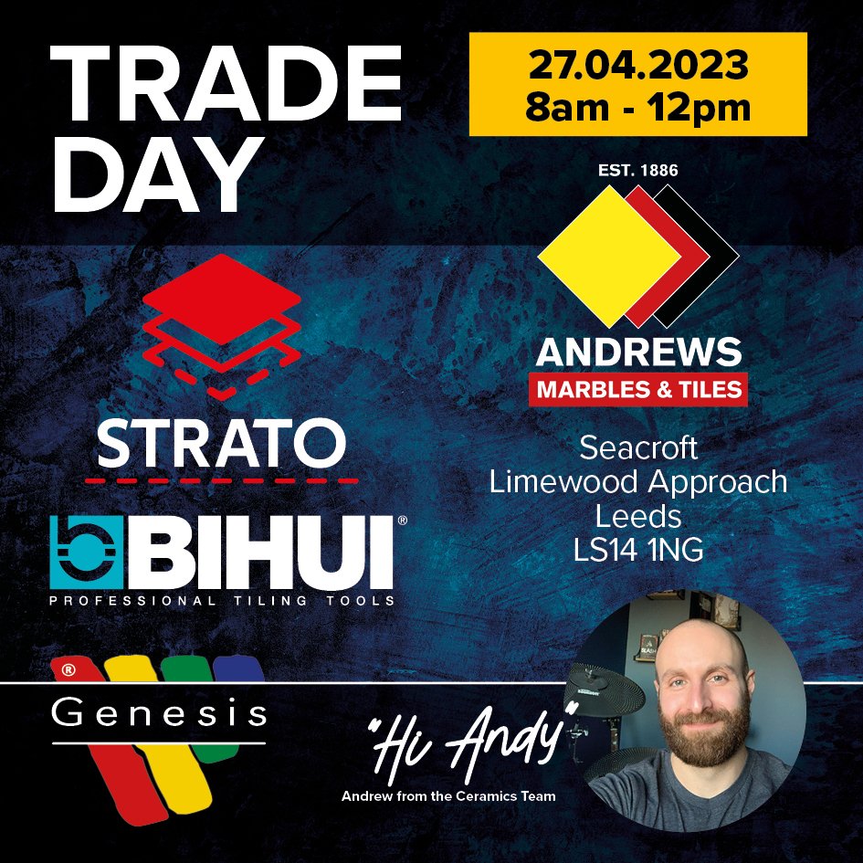 GenesisGlobalSystems (@genesisaps) on Twitter photo Trade day with <a href="/Andrews_Tiles/">Andrews Tiles</a> on the 27th!
Andy from our ceramics team will be on-site from 8am to 12pm π
Date - 27.04.23
Time - 8am to 12pm
Postcode - LS14 1NG
STRATO and BIHUI product focus! π
#tradeday #tradeevent #genesisglobalsystems #ceramics #tilers #strato #bihui Trade day with <a href="/Andrews_Tiles/">Andrews Tiles</a> on the 27th!
Andy from our ceramics team will be on-site from 8am to 12pm π
Date - 27.04.23
Time - 8am to 12pm
Postcode - LS14 1NG
STRATO and BIHUI product focus! π
#tradeday #tradeevent #genesisglobalsystems #ceramics #tilers #strato #bihui