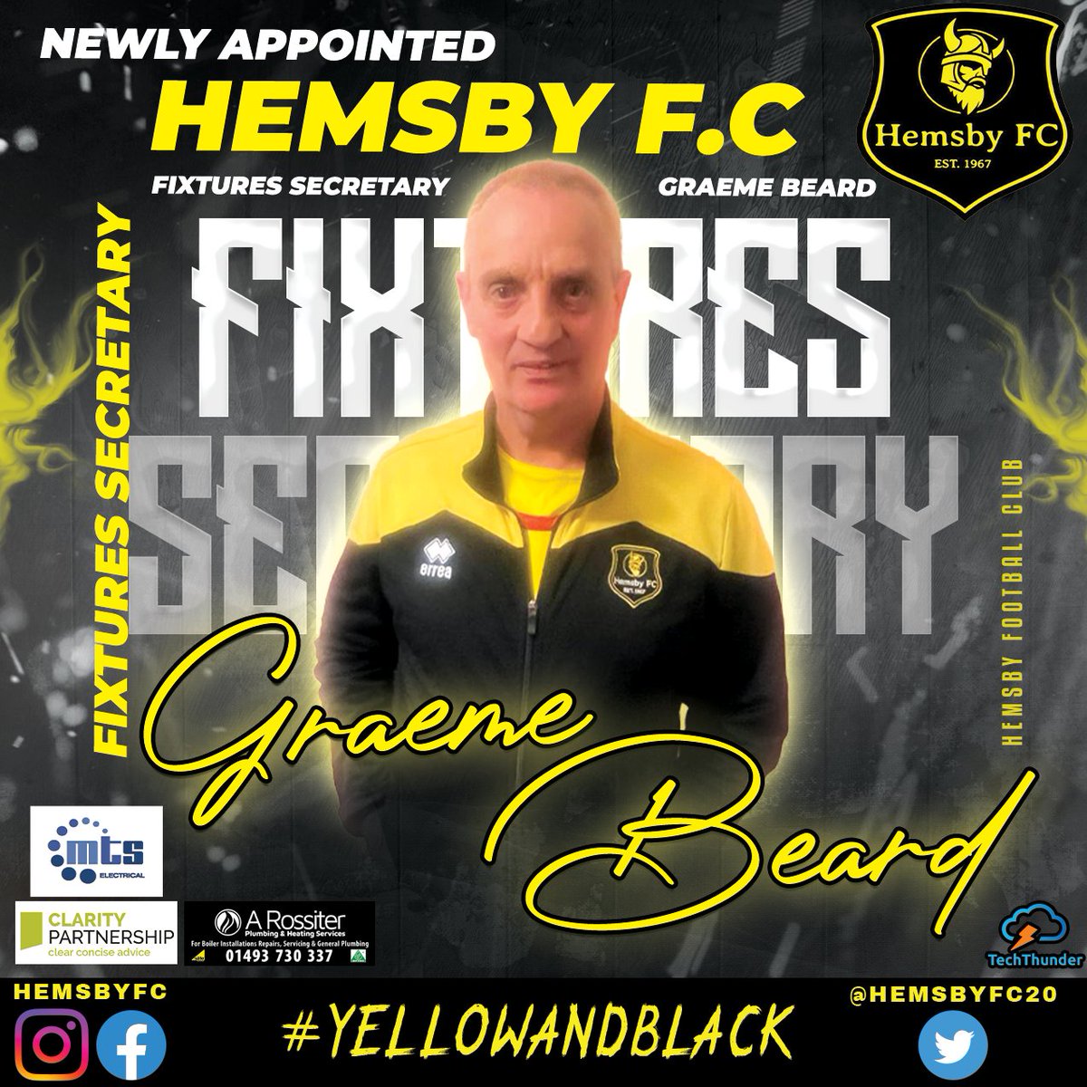 HemsbyFC20's tweet photo. 🟡⚫️ANNOUNCEMENT⚫️🟡
We are pleased to announce the appointment of Graeme Beard @No9Beardo as Fixtures Secretary for Hemsby F.C.
#hemsbyfc #fixturessecretary #newappointment #nonleaguefootball #norfolkfootball #mts #claritypartnership #arossiter #techthunder https://t.co/1W5KO2IzGv