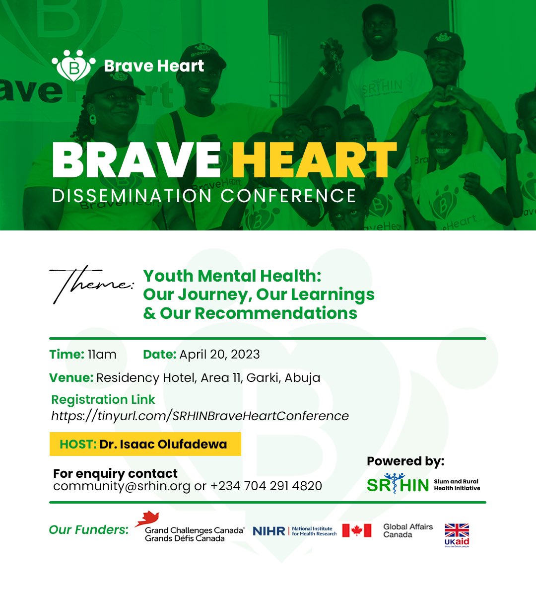 SRHINAfrica's tweet photo. We are thrilled to announce our upcoming Brave Heart Dissemination Conference, dedicated to promoting awareness, education, support and impact of our project. https://t.co/jF5zGj8qEw