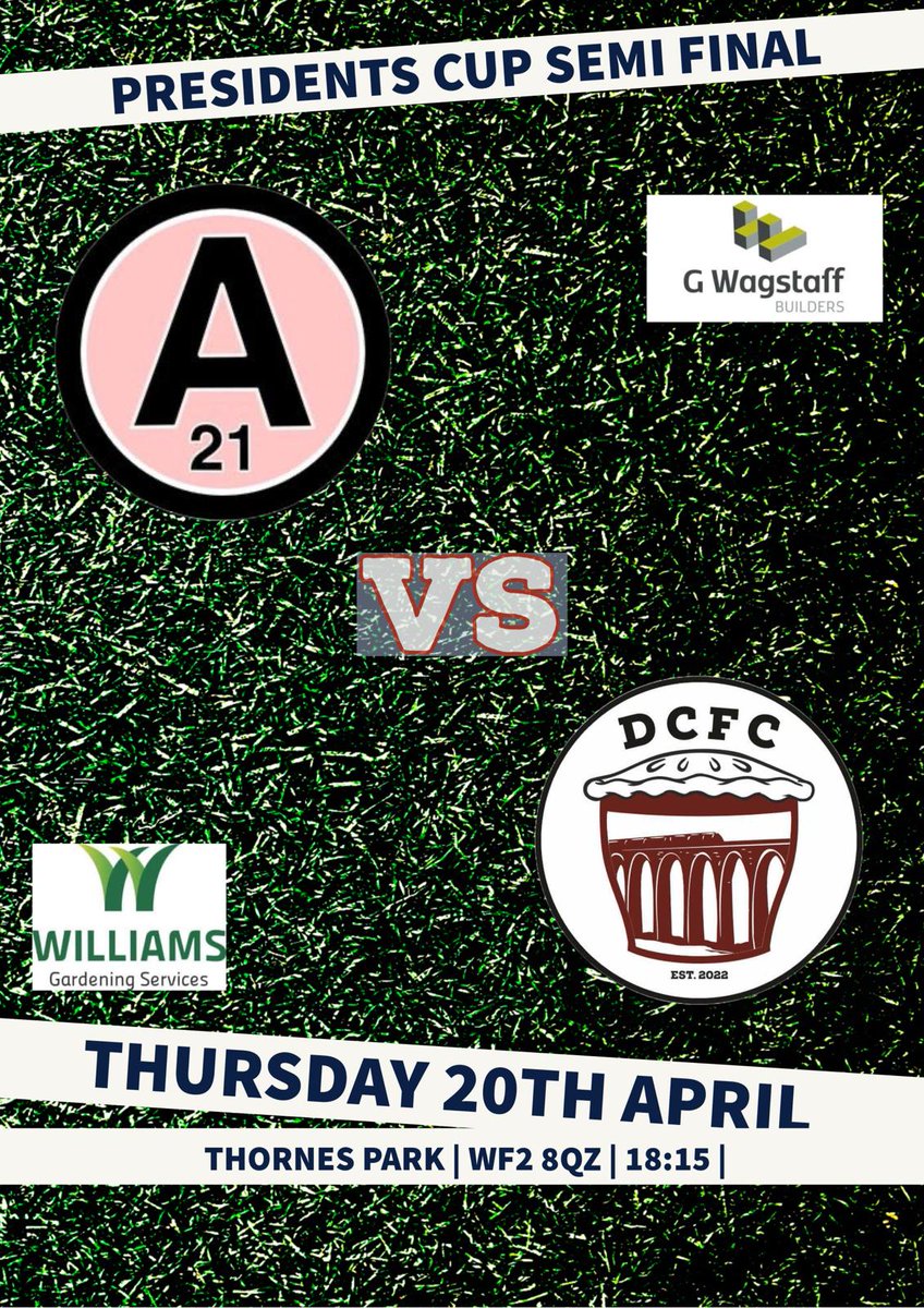 ⚽🏆 TOMORROW 🏆⚽

Presidents Cup Semi Final tomorrow night as we take on undefeated [League] Alverthorpe Athletic. 

Big day out this Sunday at Nostell Priory up for grabs for the winners. 

Would be nice to see plenty support there tomorrow night! 

#UTDC⚽💥🍻
#NowtDaft