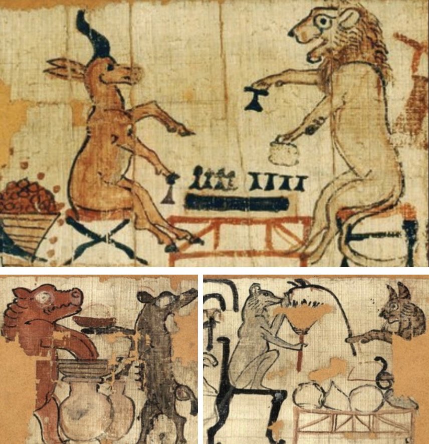 AlisonFisk's tweet photo. Fragments from a c. 3,200 year-old Egyptian illustrated papyrus in which animals take on human roles: a lion and gazelle play a board game, a hippo brews beer and a cat waits on a mouse. 📷 British Museum https://t.co/EPB2yxxiZ7

#Archaeology https://t.co/QgQbac88iv