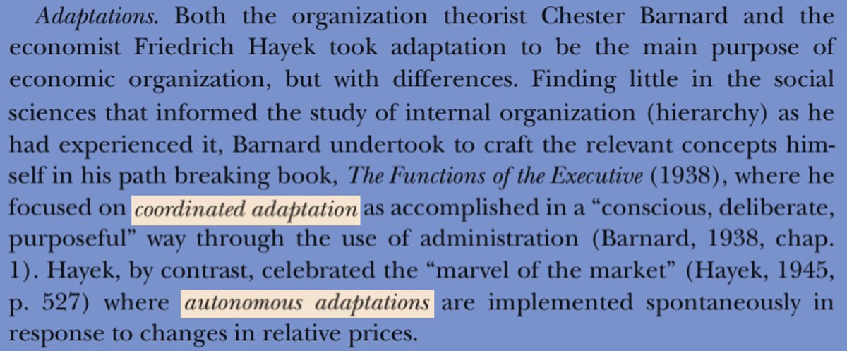 Coordinated vs autonomous adaptation and the purpose of economic organization. Oliver Williamson Nobel Prize Lecture, December 2009. nobelprize.org/uploads/2018/0…