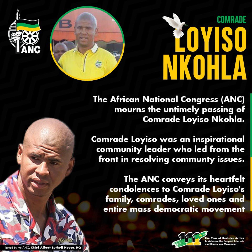MYANC's tweet photo. @MYANC mourns the untimely passing of Comrade Loyiso Nkohla. https://t.co/ov4agI8c3G