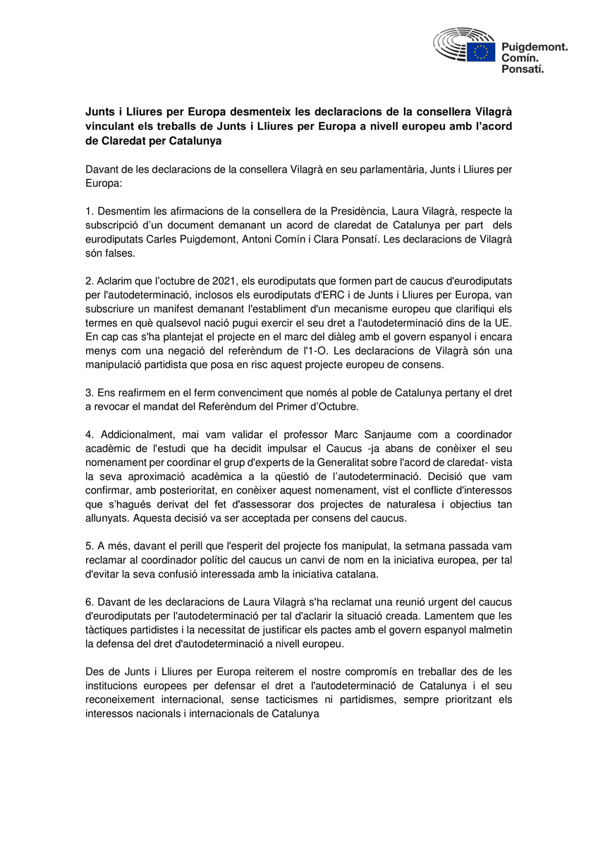 JuntsEU's tweet photo. Comunicat sobre les declaracions de la consellera Laura Vilagrà vinculant falsament Junts i Lliures per Europa amb l'anomenat 'Acord de Claredat' del govern català. El tacticisme de partit afebleix la defensa de l'autodeterminació a la Unió Europea.

📲 https://t.co/Wau5OTJHLr https://t.co/dedrvi7xnm