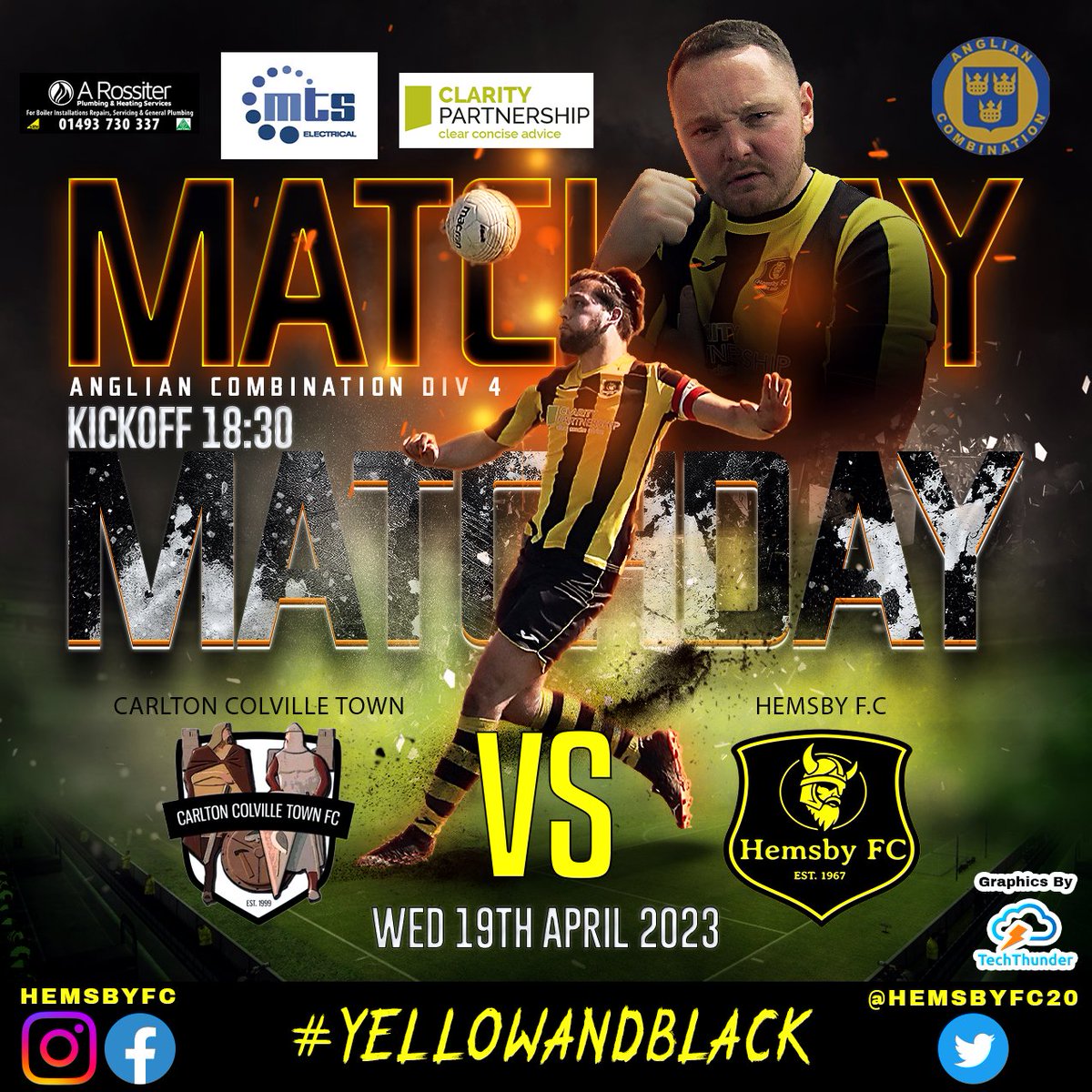 HemsbyFC20's tweet photo. 🟡⚫️MIDWEEK MATCHDAY⚫️🟡
This evening our 1st team will be away against @CCTFC for our next @AnglianCom Div 4 match.
⚽️Kickoff 18:30
#hemsbyfc #nonleaguefootball #norfolkfootball #midweekmatchday #mts #claritypartnership #arossiterplumbing #techthunder #carltoncolvilletown https://t.co/6I97S16Ucj