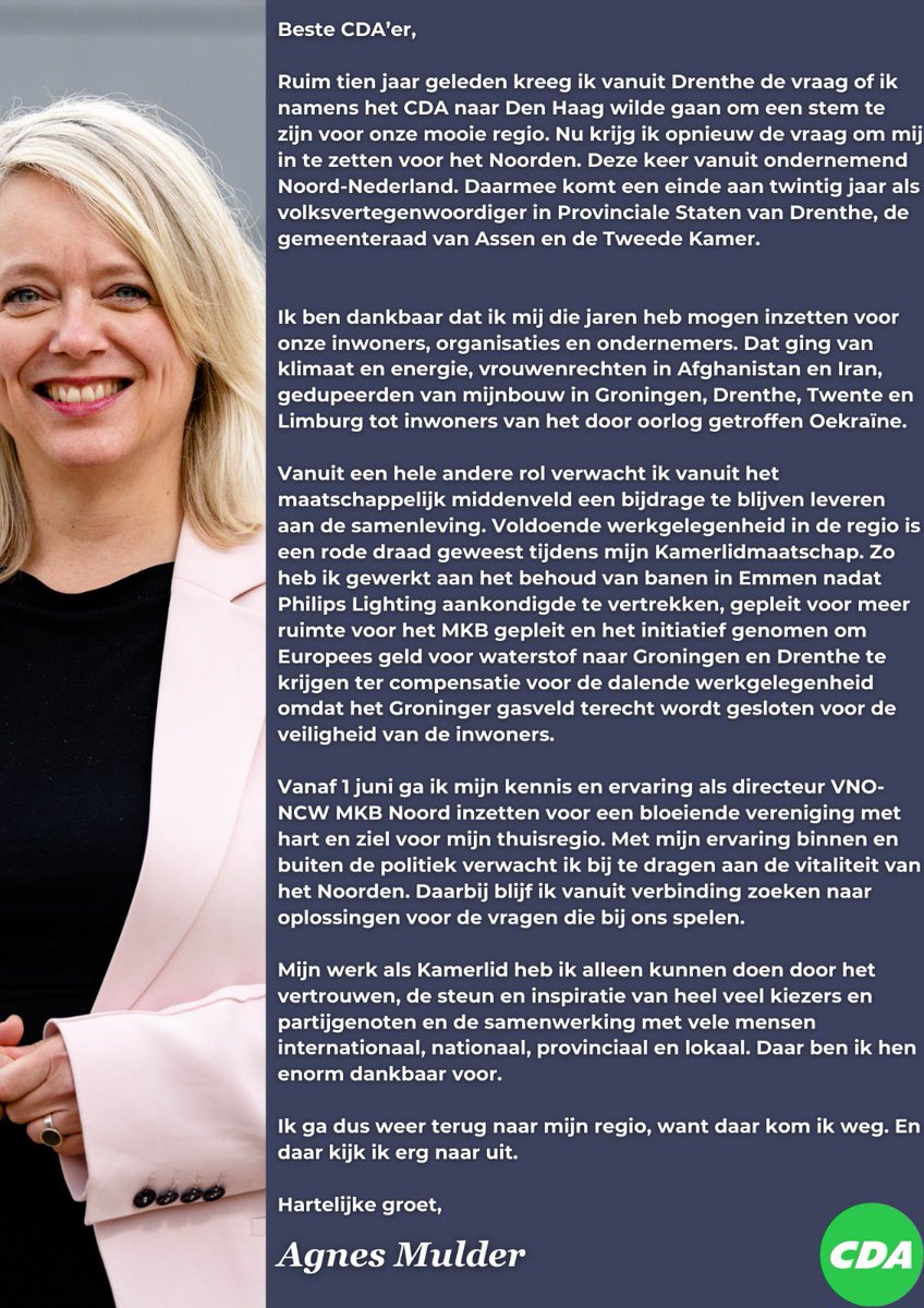 Na 10 jaar in de Tweede Kamer kreeg ik opnieuw de vraag me in te zetten voor het Noorden. Per 1 juni ga ik aan de slag als directeur VNO-NCW MKB Noord. Ik ga dus terug naar de regio, want daar kom ik weg.