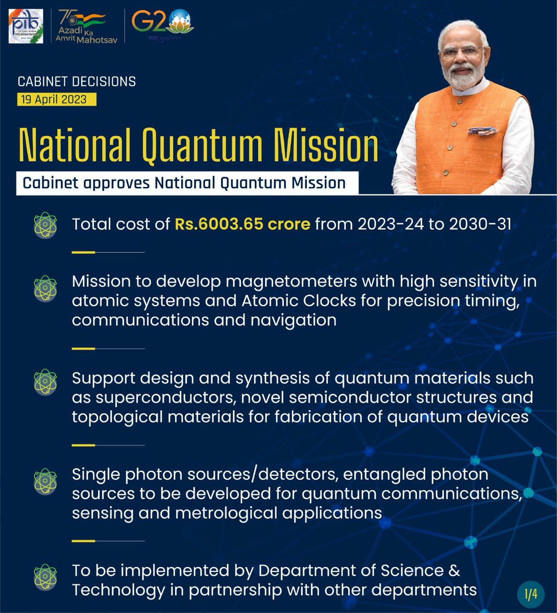 DrJitendraSingh's tweet photo. Truly a Quantum jump for India, made possible by the vision of PM Sh @narendramodi. #Cabinet approves “National Quantum Mission” to accelerate Quantum Technology led economic growth and leverage #India into a leading nation in this latest ecosystem.#DST
#CabinetDecision https://t.co/0jab2QW2HL