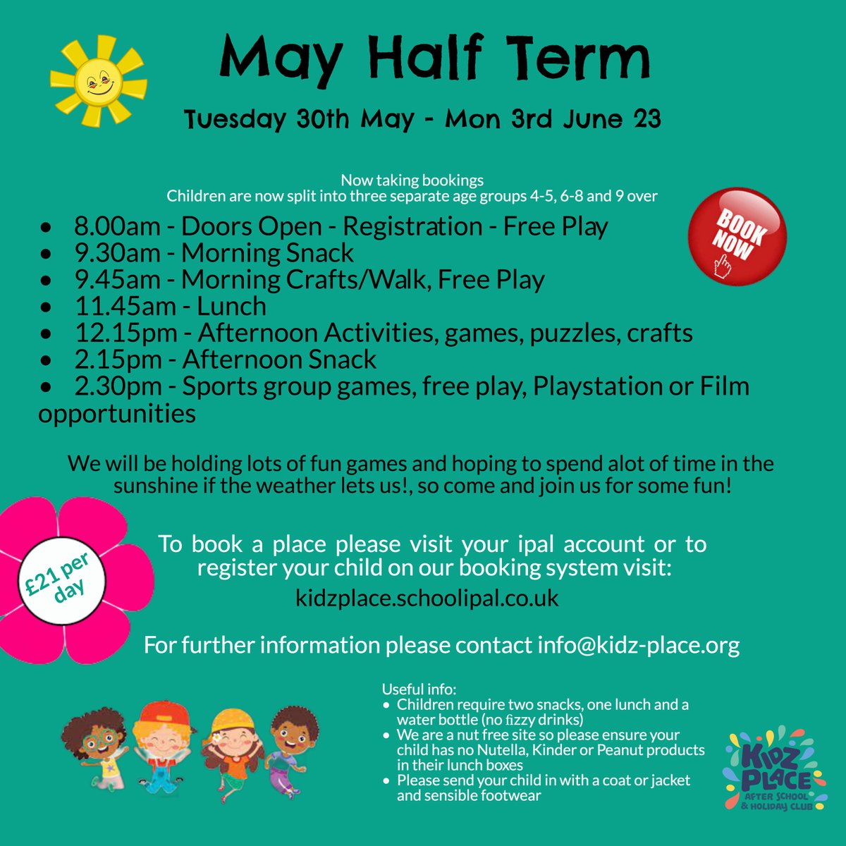 Our May half term bookings are now open. During the Easter break we had to turn people away because we were full; so please do book early to avoid disappointment. You can visit your ipal account to do this, or register with us at kidzplace.schoolipal.co.uk #mayhalfterm #kidzplace