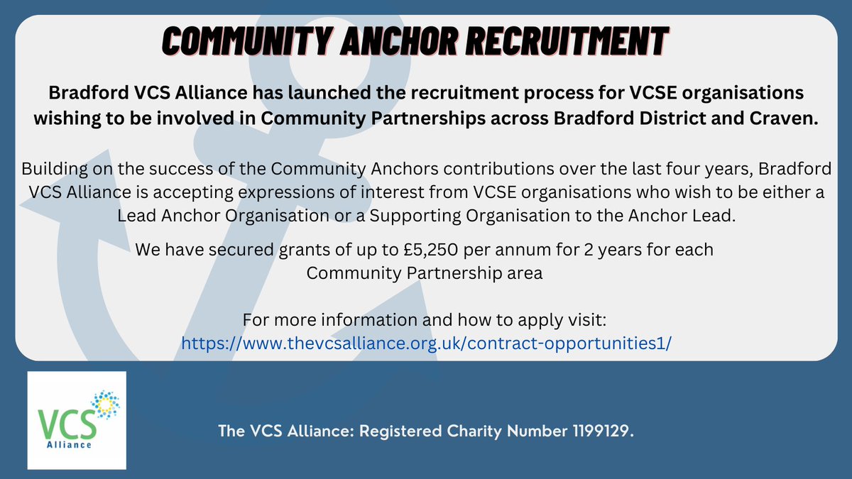 Don't miss out on this fantastic opportunity to be at the center of Community Partnerships across Bradford District and Craven: Visit: thevcsalliance.org.uk/contract-oppor…