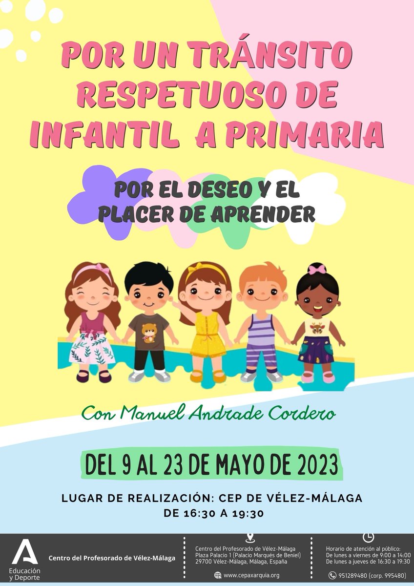 Abierta inscripción del CURSO PRESENCIAL: POR UN TRÁNSITO RESPETUOSO DE INFANTIL A PRIMARIA. Por el deseo y el placer de aprender, con Manuel Andrade como ponente.
Inscripción:19/04/2023 - 03/05/2023
Fecha actividad: 09,16 y 23/05/2023
Más:
juntadeandalucia.es/educacion/secr…