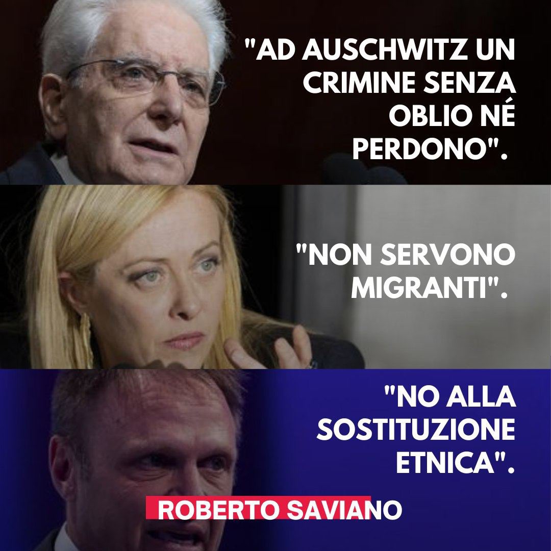 robertosaviano's tweet photo. Ieri, mentre il Presidente #Mattarella era in visita ad #Auschwitz, centro di sterminio il cui scopo era ristabilire la purezza della cosiddetta “razza ariana”, il ministro #Lollobrigida e la Premier #Meloni parlavano di #sostituzioneetnica… l’indignazione è tanta, ma non credo ci sia altro da aggiungere.