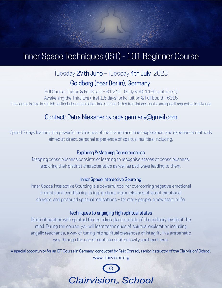 clairvision's tweet photo. Upcoming retreat in Germany June 27th to July 4th! Dive deep into the Inner Space Techniques (IST). For more information visit our website: https://t.co/LoEel87C0a  
#clairvision https://t.co/TQ8vRImgpa