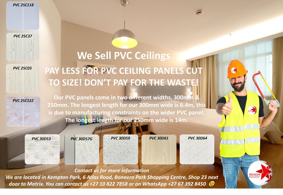MstarProduct's tweet photo. We Sell PVC Ceilings. PAY LESS FOR PVC CEILING PANELS CUT TO SIZE! DON’T PAY FOR THE WASTE! 
Our PVC panels come in two different widths, 300mm &amp; 250mm. The longest length for our 300mm wide is 6.4m. The longest length for our 250mm wide is 14m. https://t.co/Xu3VnCnsz5
