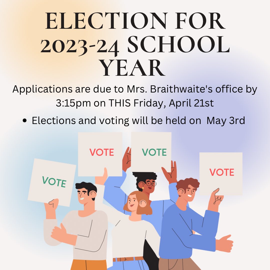 Hey judges, if you are interested in running for SGA or Class Officers the applications were sent to your email and will be due to Mrs Braithwaite on Friday, April 21st. We encourage everyone to run and we will see you on Election Day !!! 🗳️🗳️