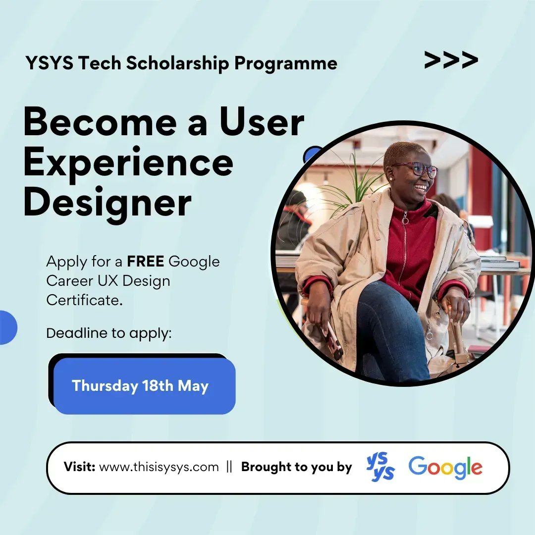 📢 Calling all aspiring UX Designers! this one’s for you! 

Don’t miss the opportunity to become a certified UX Designer with <a href="/GoogleUK/">Google UK</a>’s UX Design Certificate

🔗 For free, apply now and take the first step 📱💼 : bit.ly/40hWSSc 

Application deadline: 18/04/23