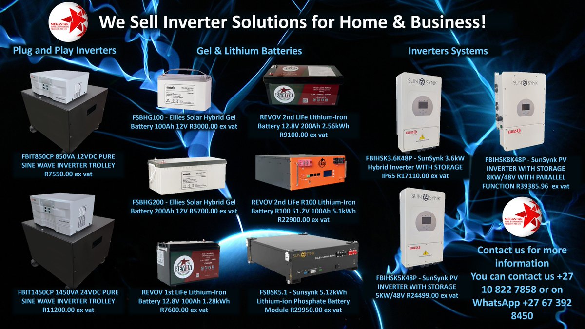 MstarProduct's tweet photo. We Sell Inverter Solutions for Home &amp; Business!
We are your one stop shop for Inverters, batteries  or plug and play inverter solutions. What ever your needs we have a solution for you. You can contact us +27 10 822 7858 or on WhatsApp +27 67 392 8450 📷 https://t.co/22Xyu5BFwc