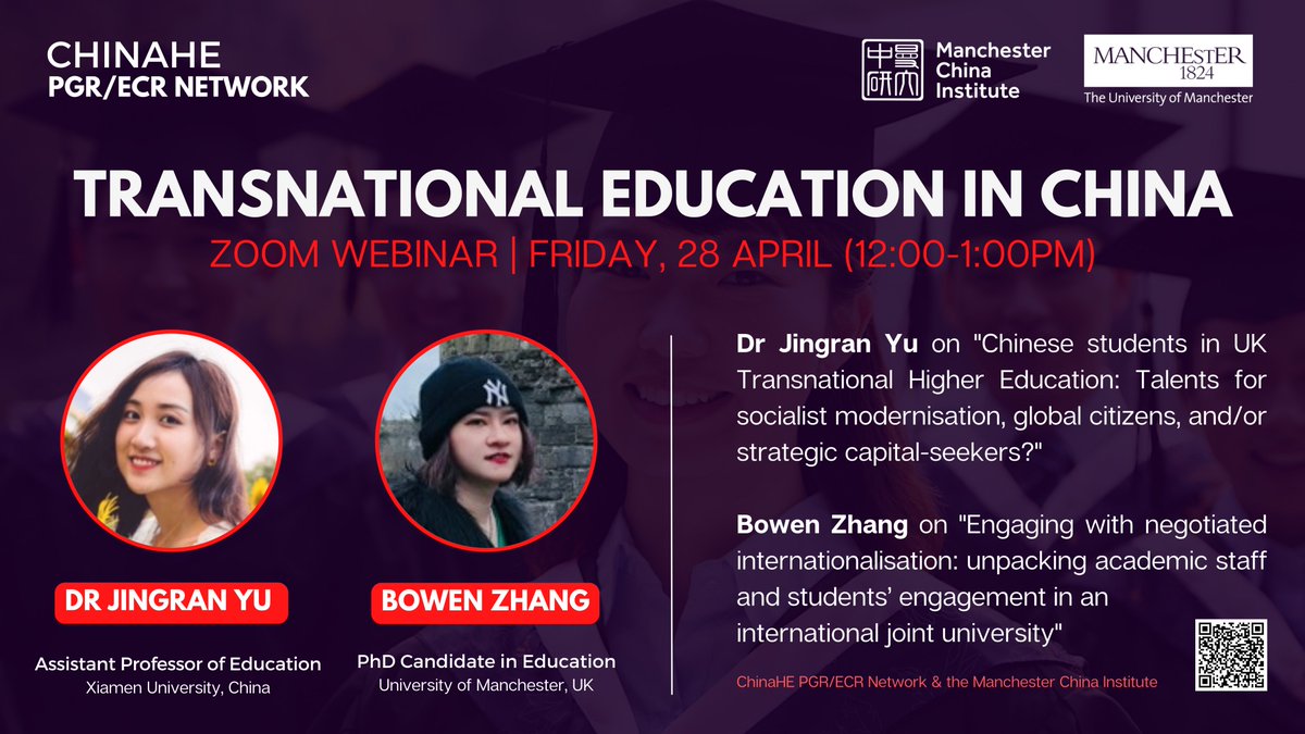 Dr Elin_Rui He 🐝 (@elin_ruihe) on Twitter photo 📢Sign up for our April Webinar: 'Transnational Education in China' with <a href="/Yu_Jingran/">Jingran Yu</a> <a href="/charlzhang1996/">Dr Bowen Zhang 张博文</a>
Org: UoM's ChinaHE PGR/ECR Network & <a href="/UoMChina/">Manchester China Institute</a>
Sign up here: eventbrite.co.uk/e/chinahe-pgre… 📢Sign up for our April Webinar: 'Transnational Education in China' with <a href="/Yu_Jingran/">Jingran Yu</a> <a href="/charlzhang1996/">Dr Bowen Zhang 张博文</a>
Org: UoM's ChinaHE PGR/ECR Network & <a href="/UoMChina/">Manchester China Institute</a>
Sign up here: eventbrite.co.uk/e/chinahe-pgre…