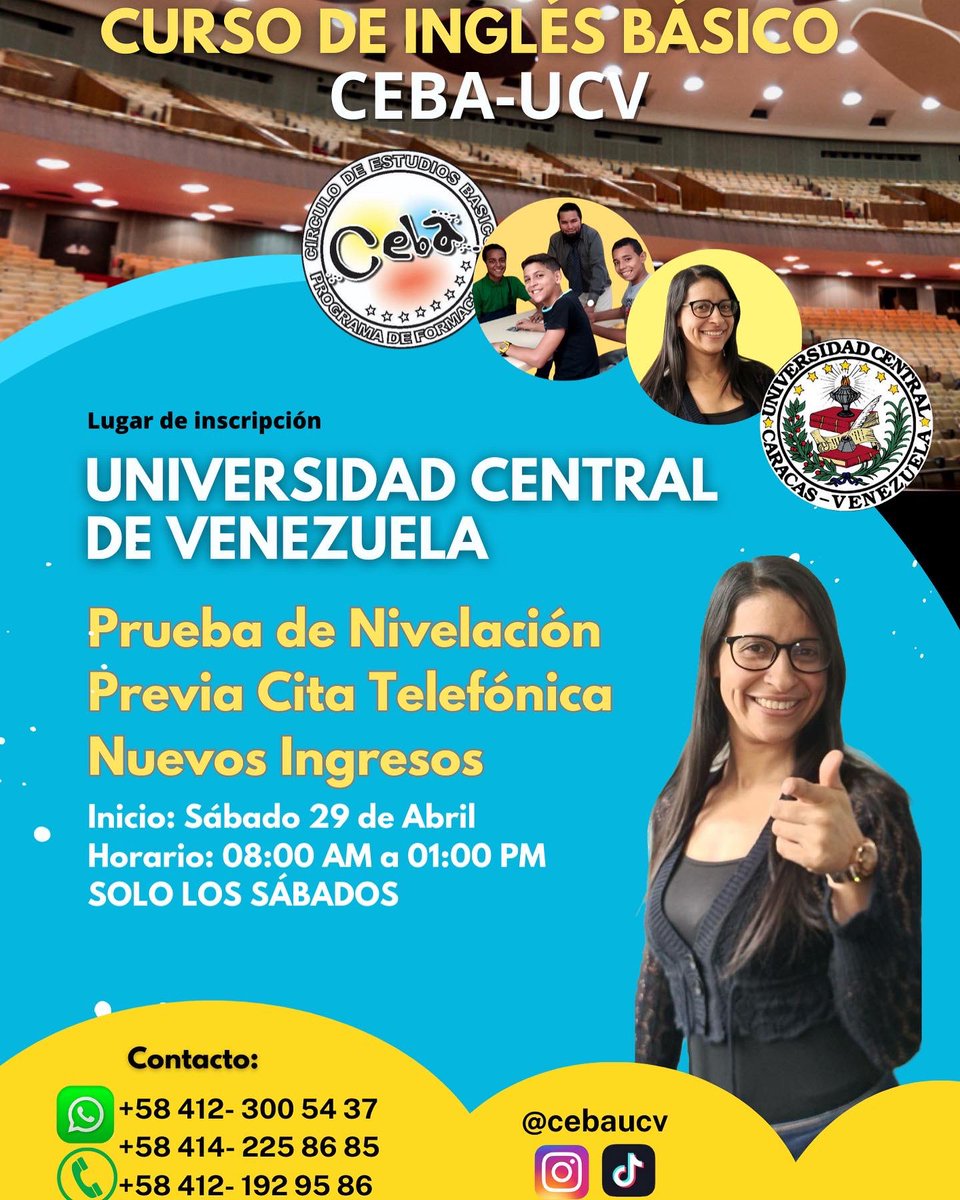 CEBA-UCV (@ceba_ucv) on Twitter photo Hasta este próximo 29 de abril Ceba-UCV, está en proceso de inscripción para nuevos ingresos. 
Es importante destacar que, si tienes un nivel de inglés puedes hacer tu prueba de nivelación.
#caracas#barcelona#inglés Hasta este próximo 29 de abril Ceba-UCV, está en proceso de inscripción para nuevos ingresos. 
Es importante destacar que, si tienes un nivel de inglés puedes hacer tu prueba de nivelación.
#caracas#barcelona#inglés