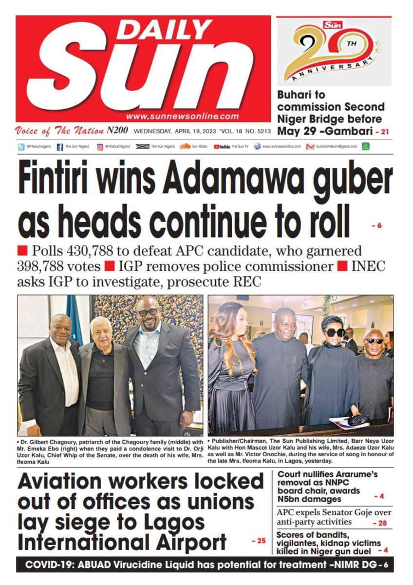 GoldenvoiceT's tweet photo. Newspaper headlines trending today #BreakingNews #breaking #Trending #TrendingNow #trend #WednesdayMotivation #wednesdaythought #news #newspaper #NewsUpdate #inec #adamawa #politicts https://t.co/rp7rp07uAn