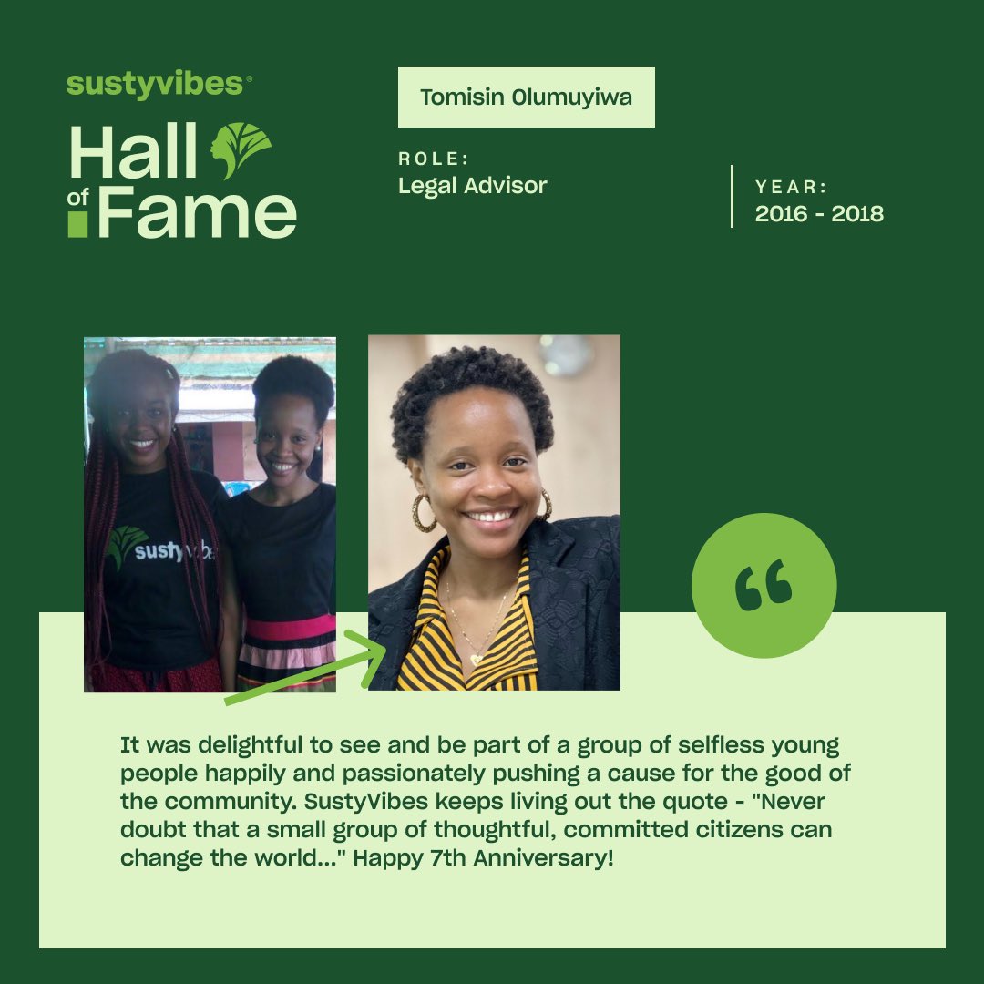 SustyVibes's tweet photo. Say Hello to @MsTomisin 👋🏾

Tomisin helped manage our legal affairs from 2016 to 2018.

She loved being a part of a passionate and selfless community, and we loved having her beaming smile. 😍

#SustyVibesHallofFame #Sustyvibers #VibingForward #SustyVibesat7 #Leadership https://t.co/af5LKjaL0q