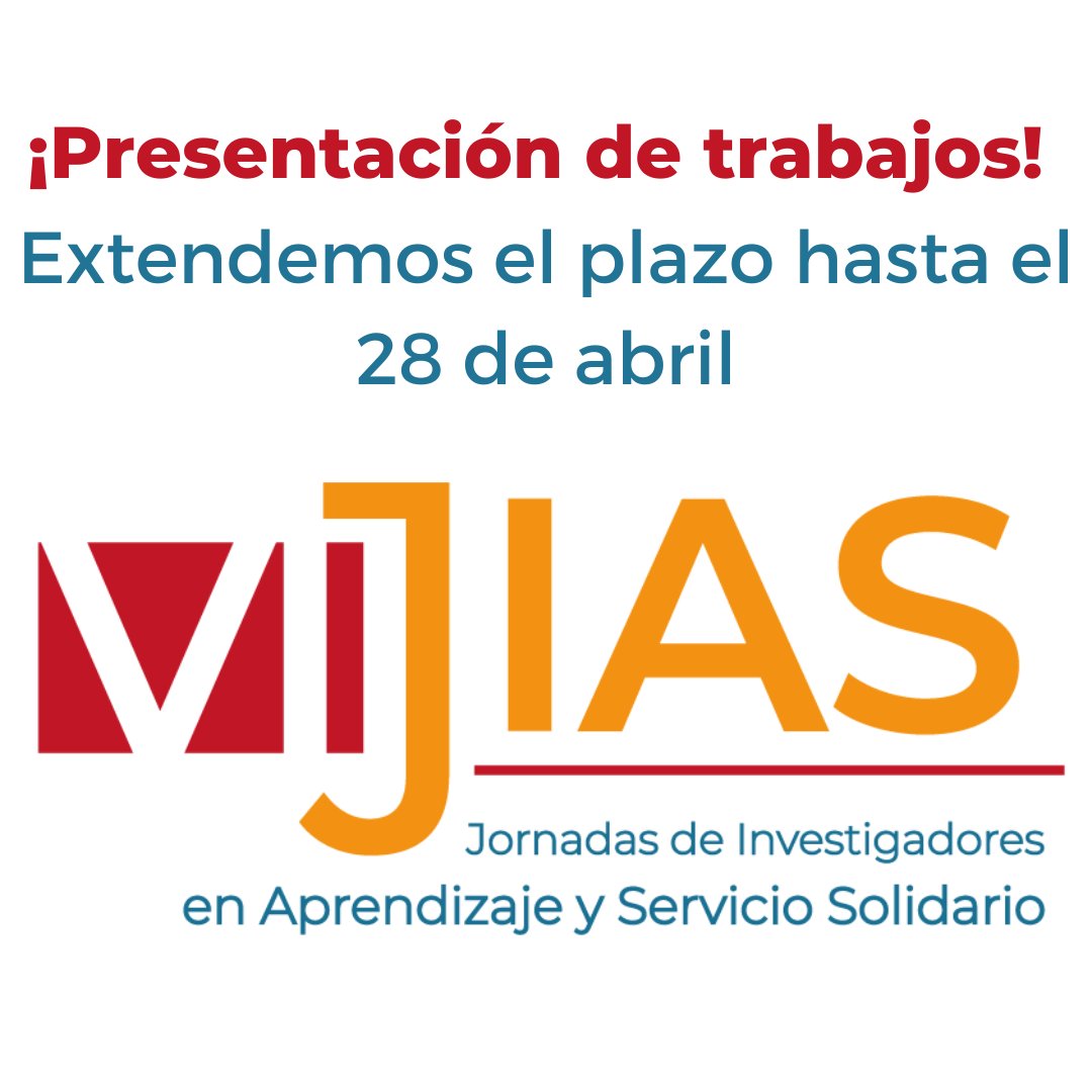¡Extensión del plazo para PRESENTACIÓN DE TRABAJOS! VI Jornada de Investigadores en Aprendizaje y Servicio Solidario 
Último día: 28/04/2023
Toda la información en nuestra página web:  clayss.org/es/jias
#AprendizajeServicio #investigación #JIAS2023 #educaciónsolidaria #AYSS