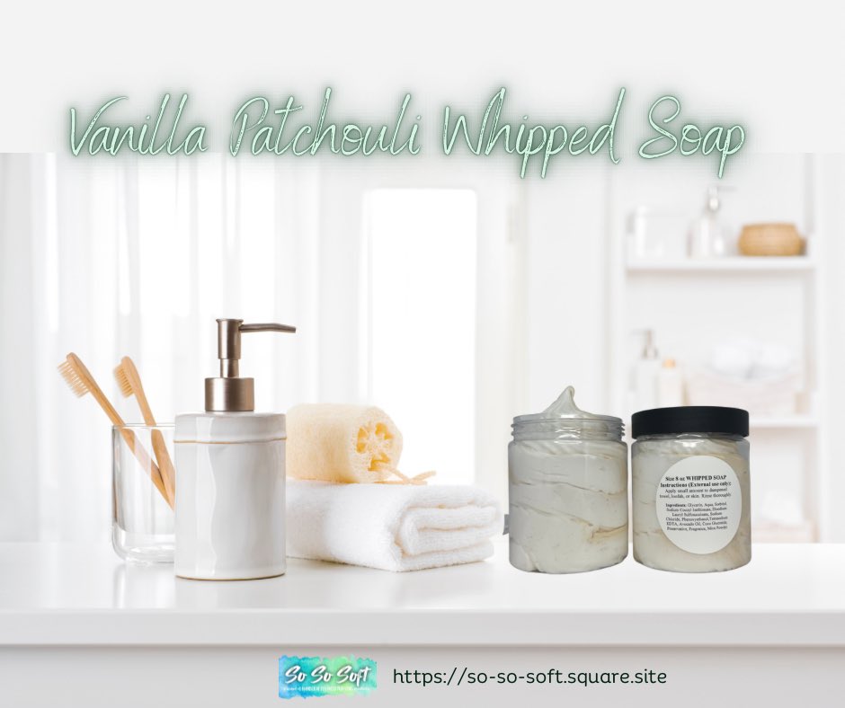 SoSoSoft19's tweet photo. Hey, Softies, NEW PRODUCT ALERT!
This Vanilla Patchouli Whipped Soap offers  soft, creamy lather, while also moisturizing (includes Avocado Oil). A little goes a long way!
Available at https://t.co/vF1uuyFstb
#whippedsoap
#creamylather
#cleansing
#moisturizingproducts 
#sososoft https://t.co/zixfd5kp2x