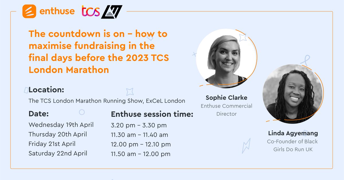 enthuseco's tweet photo. Headed to The 2023 TCS @LondonMarathon Running Show this week?

We have a brilliant session with runner, fundraiser and Co-Founder of @Bgdrunuk, Linda on last minute tips to maximise fundraising.

First session starts at 3:20pm today! ⏰

#LondonMarathon #WeRunTogether https://t.co/EdApc5u6OT