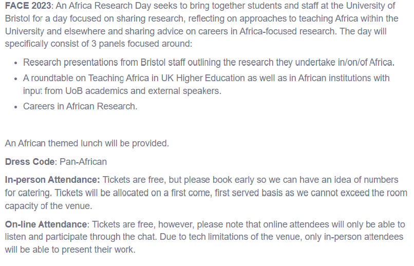 folukeifejola's tweet photo. Please Retweet!!!
FACE 2023: An African Research Day
A day to celebrate African research, teaching and careers in Higher Education. 
June 7 2023
9-5 
University of Bristol
Dress code Pan African
African themed lunch
Attendance is both online and in person
https://t.co/llFC6YNEBI https://t.co/JCBiXxC7Br
