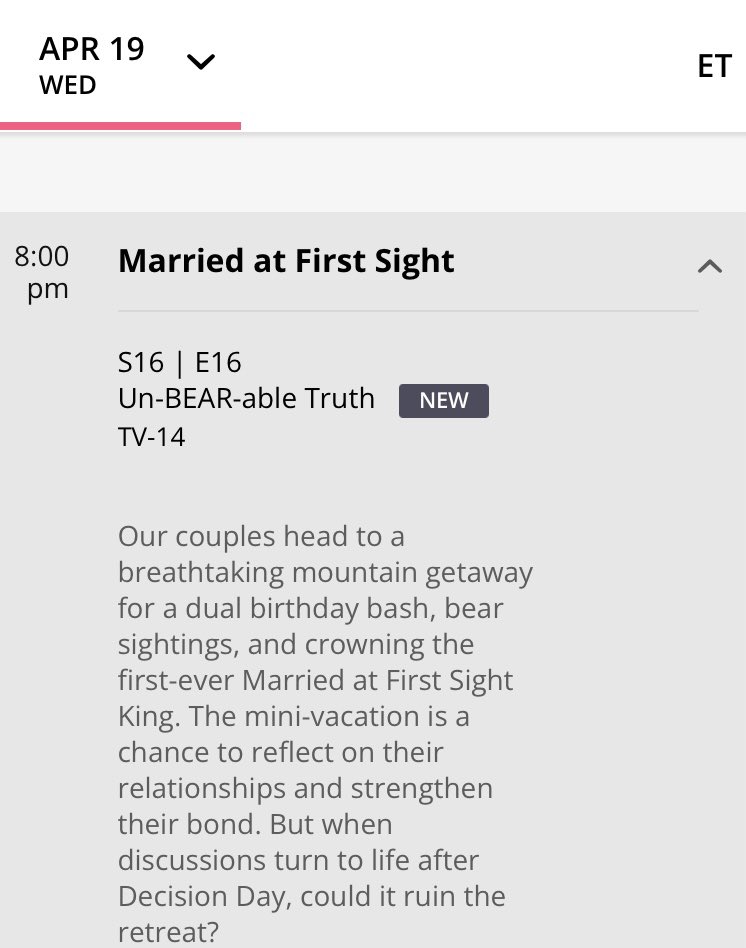 MAFSFan's tweet image. Happy Wednesday! Here’s what we can expect on Married At First Sight tonight!  I can BEARLY wait! 🐻🤪 #MarriedAtFirstSight #mafs #mafs16